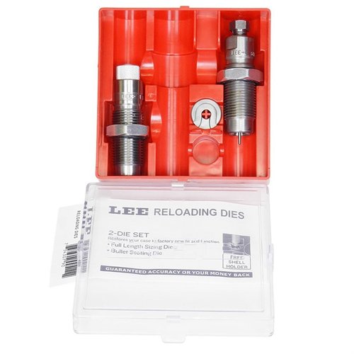 The Lee Precision .22 TCM Pacesetter 2-Die Set includes a Full Length Sizing Die, Bullet Seating Die, and Universal Shell Holder for efficient reloading.