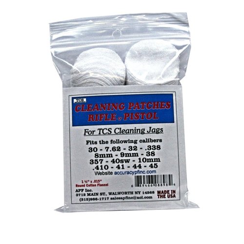 TCS Cleaning Patches are 100% cotton flannel, available in various calibers, ensuring optimal fit and function for your firearms when used with TCS jags.