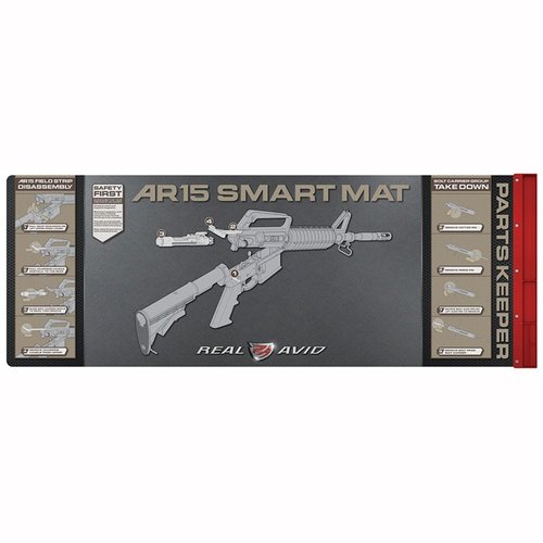The Real Avid AR15 Smart Mat features a 43" x 16" oil-resistant surface, illustrated disassembly instructions, and a parts keeper tray for organized cleaning.