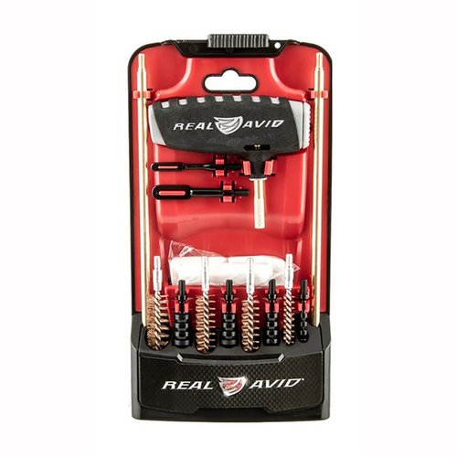 The Real Avid Gun Boss Pro Handgun Cleaning Kit includes brushes for calibers .22 LR to .45 ACP, a 12.5-inch rod, and 25 patches in a durable case.