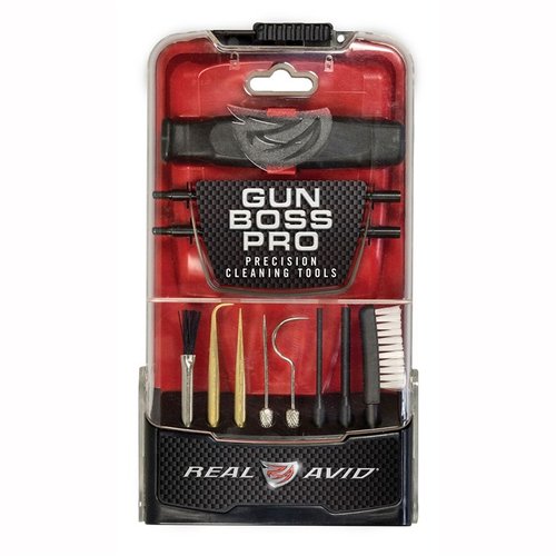 The Real Avid Gun Boss Pro Precision Cleaning Tools feature coated steel rods, nylon brushes, carbon scrapers, and a kickstand case for efficient firearm maintenance.