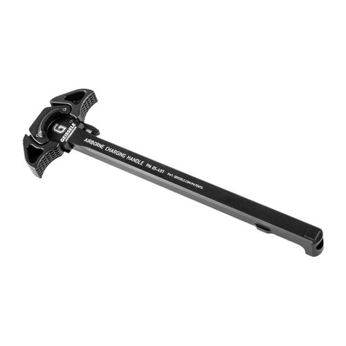 The Geissele Airborne Charging Handle features a low-profile design for snag-free operation, ambidextrous use, and redirects gas blowback for enhanced shooter comfort.