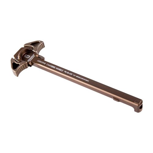 The Geissele Airborne Charging Handle features a low-profile design for ambidextrous use, ensuring no interference with optics and a secure grip, even in wet conditions.