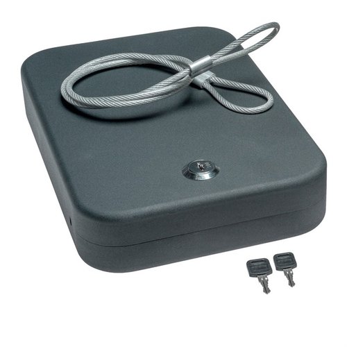 The Snap Safe X-Large Lock Box offers secure storage for handguns and valuables, featuring heavy steel construction, foam interior, and a 16 gauge steel cable for added security.