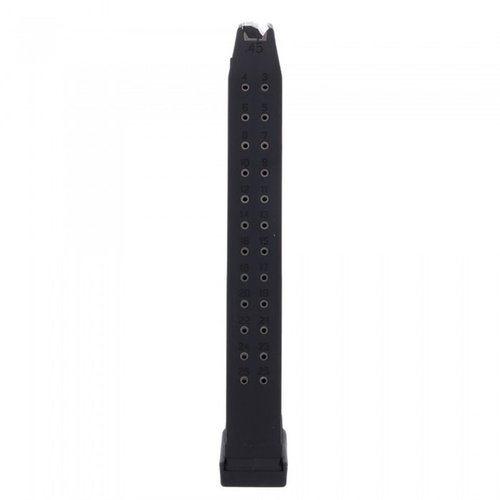 Boost your .45 Glock® 21's capacity with KCI's 26-round magazine, featuring durable polymer construction, easy baseplate removal, and compatibility with factory accessories.