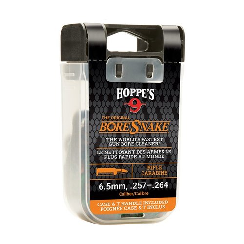 The HOPPES 6.5mm Rifle Bore Snake offers fast, efficient pull-through cleaning with a built-in brush, is washable, reusable, and stores neatly in its 'den' case.