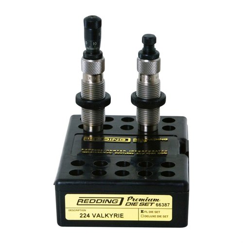Experience precision reloading with the Redding 224 Valkyrie Premium Series Full Length Die Set, featuring a Carbide Size Button and Bullet Seating Micrometer.