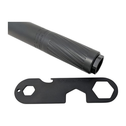 The AREA 419 Hellfire Wrench is a durable, multi-functional tool for easy suppressor mount installation, featuring 5/8" and 1 1/8" hex heads, plus a bottle opener.