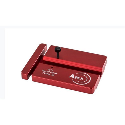 The Apex Tactical 1911 Barrel Fitting Jig securely holds all 1911 barrels, including bull barrels, ensuring precision filing for optimal barrel-to-slide fit.