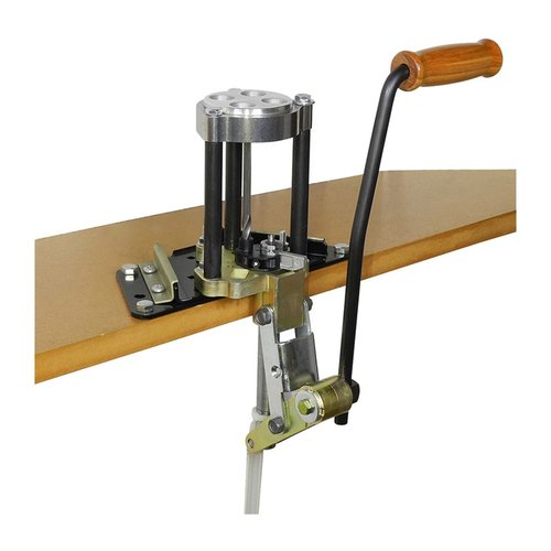 The Lee 4 Hole Turret Press with Auto Index features a solid steel design, powerful linkage for magnum cases, built-in primer catcher, and a comfortable grip.