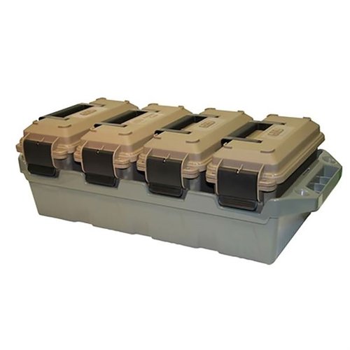 The MTM Case-Gard Ammo Crate offers rugged, stackable storage for multi-caliber ammo, featuring O-ring sealed cans and ATV attachment points for easy transport.