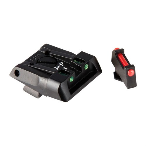 Upgrade your Glock with L.P.A. Adjustable Sights featuring a fiber-optic front and low-profile rear for enhanced visibility and easy reholstering.