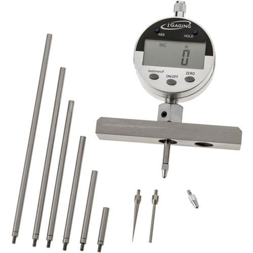 Achieve precise depth measurements up to 22 inches with the iGaging Digital Precision Depth Gauge, featuring customizable rods, a clear display, and a protective case.