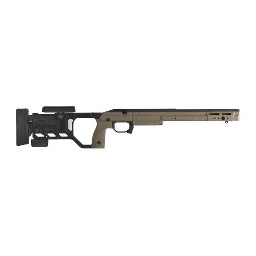 The KRG Whiskey-3 Chassis offers customizable fit, durable aluminum bedding, tool-less adjustments, and compatibility with AICS magazines for precision shooting.