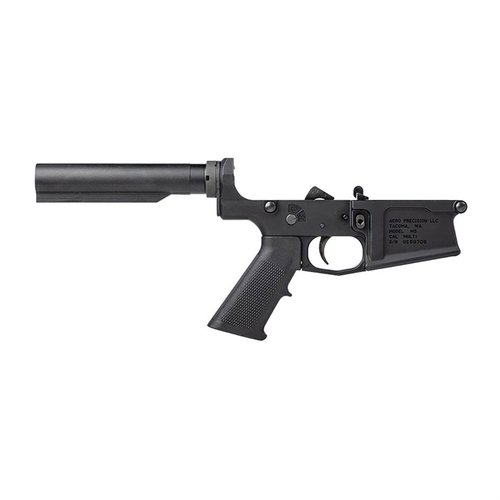 The Aero Precision M5 .308 Complete Lower Receiver features an integrated trigger guard, threaded components, and works with standard AR 308 parts for custom builds.