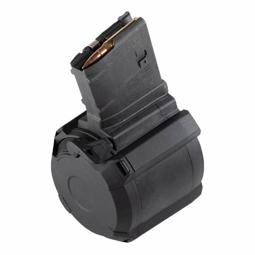 The Magpul PMAG D-50 LR/SR GEN M3 is a lightweight, durable 50-round drum magazine for .308 Winchester, offering high capacity, reliability, and easy loading.