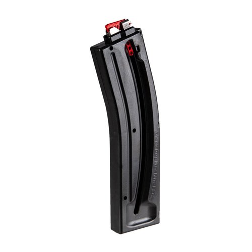 The Black Dog Machine 32RD .22LR magazine features durable polycarbonate construction, stainless steel feed lips, and an easy-loading thumb pull tab for reliable performance.