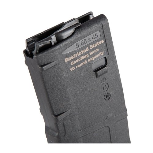 The Mean Arms AR-9 Endomag offers a compliant 10-round capacity for AR-15 conversions, fitting standard magazine wells and working with Glock or Colt bolts.