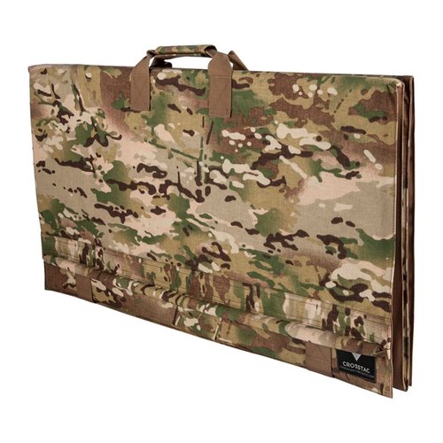 The Crosstac Precision LR Shooting Mat features a bipod-support rail, rolls out flat, keeps dirt contained, stores easily, and is made from durable USA foam with a multi-cam finish.