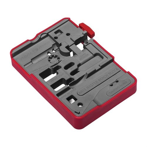 The Real Avid AR15 Master Bench Block features eight orientations, holds five components, installs 13 pins, and has a no-slip coating with a strong magnet for loose parts.