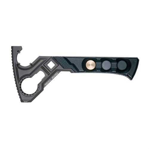 The Real Avid Armorer's Master Wrench offers versatile engagement surfaces, an ergonomic no-slip grip, and an integrated hammer with interchangeable heads for AR-15 tasks.