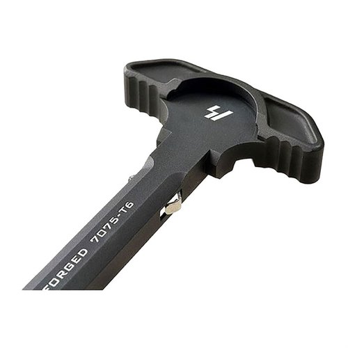 The Strike Latchless Charging Handle features robust 7075 construction, efficient gas venting, and a unique spring mechanism for enhanced reliability and comfort.