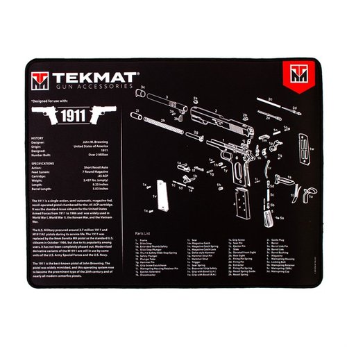 The TekMat Ultra 20 Pistol Cleaning Mat is waterproof, scratchproof, and features firearm schematics for easy disassembly and part identification.