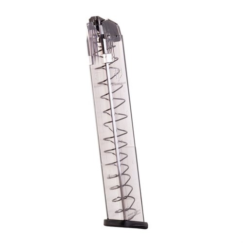 The ETS Translucent Magazine for Glock 19 offers visibility, reliability, and durability, featuring advanced polymer, drop-free design, and easy disassembly.