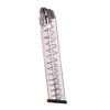 The ETS Translucent Magazine for Glock 19 offers visibility, reliability, and durability, featuring advanced polymer, drop-free design, and easy disassembly.