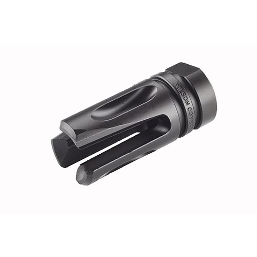 The Wilson Combat Accu-Tac Flash Hider enhances muzzle harmonics, reduces flash and signature, and maintains accuracy, crafted from hardened 4140 steel.