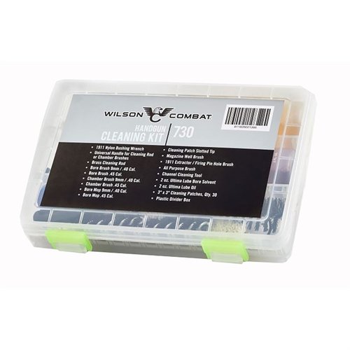 The Wilson Combat Handgun Cleaning Kit offers essential tools for 9mm/.40/.45 pistols, ensuring reliable performance and easy maintenance in a compact case.