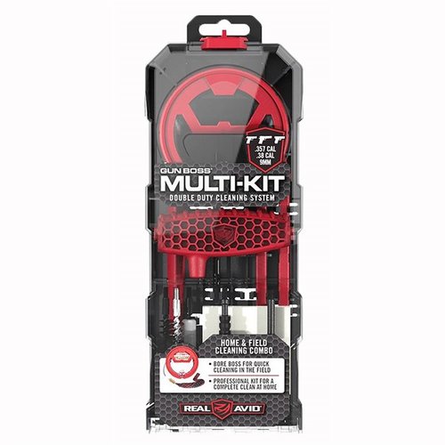 The Real Avid Gun Boss Multi-Kit offers a comprehensive cleaning solution for 357/38 and 9mm handguns, featuring the Bore Boss for quick cleans and essential tools for thorough maintenance.