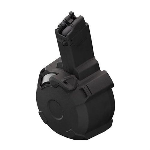 The PMAG D-50 EV9 offers 50 rounds of 9x19mm in a lightweight, reliable drum magazine, featuring easy loading, a bolt hold-open, and high visibility for tracking rounds.