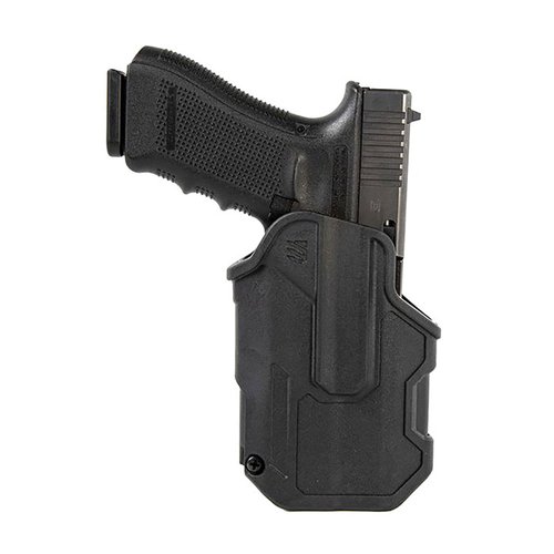The BLACKHAWK T-Series L2C Holster offers streamlined thumb retention, Master Grip drawing, durable polymer, and hydrophobic lining for reliable performance in any situation.