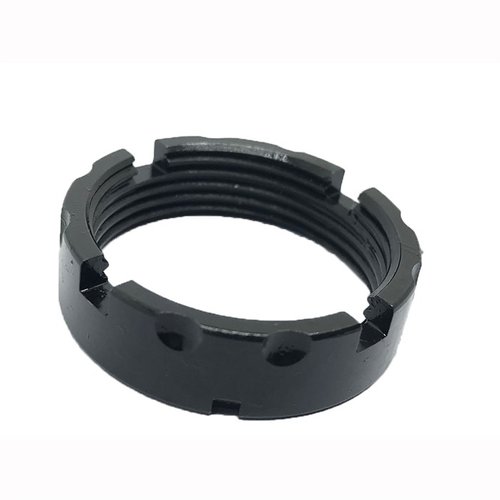The Forward Controls Design AR-15 Billet Castle Nut features improved staking notches for secure installation, made from durable 4140 PH steel, and available in multiple colors.