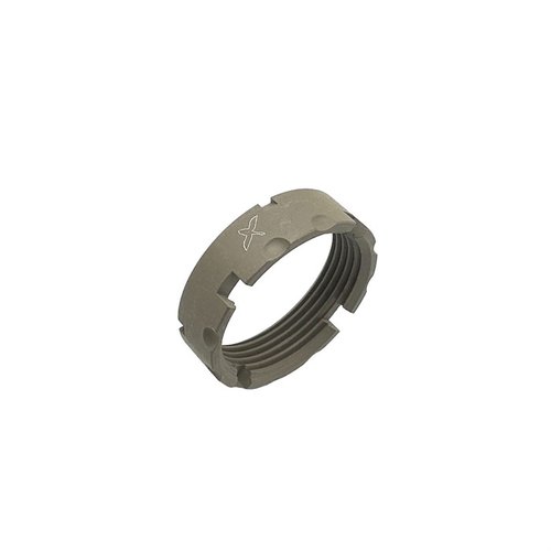 The Forward Controls Design AR-15 Billet Castle Nut features improved staking notches for secure installation, crafted from durable 4140 PH steel, proudly made in the USA.