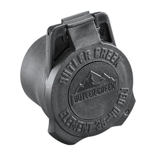 The Butler Creek Element Scope Caps feature a durable multi-flex sleeve and a flip-out dope disk for easy access to wind and elevation data, ideal for precision shooting.