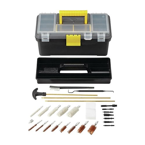 The Outers Universal Toolbox Gun Care Kit offers 28 essential pieces, including brass rods, bronze brushes, and a durable toolbox for comprehensive firearm maintenance.
