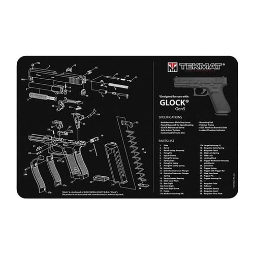 Protect your Glock Gen5 with this heavy-duty TEK MAT, featuring a soft polyester top, non-slip neoprene backing, and an exploded parts diagram for easy maintenance.