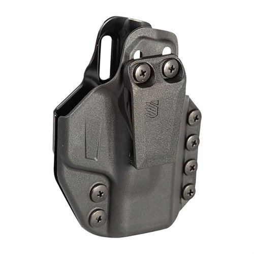 Experience unmatched comfort and modularity with the Stache™ IWB holster, designed for concealed carry, made from durable polymer, and compatible with various accessories.