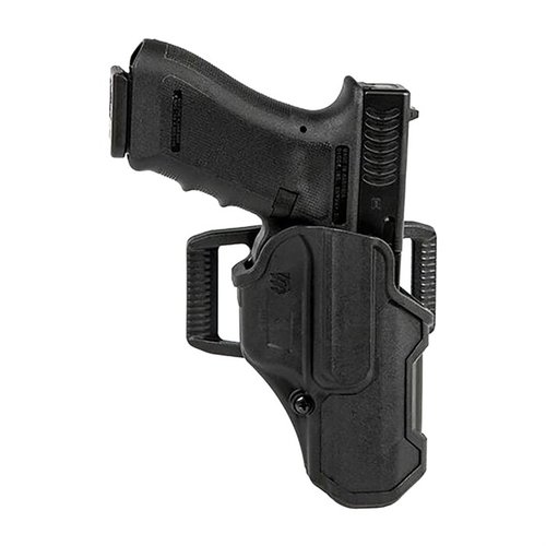 The BLACKHAWK T-Series L2C Holster offers secure thumb-activated retention, quick access with Master Grip Principle, and durable hydrophobic lining for all conditions.