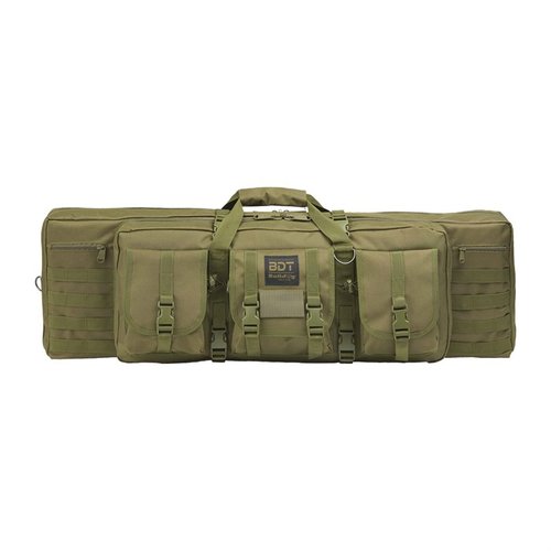 The Bulldog Cases Deluxe Single Tactical Rifle Case features a zippered rifle compartment, adjustable Velcro ties, padded backpack straps, and MOLLE compatibility.