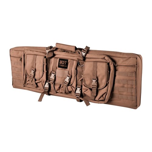 The Bulldog BDT Elite Double Tactical Rifle Bag features lockable compartments, padded backpack straps, and high-visibility pockets for secure and organized storage.