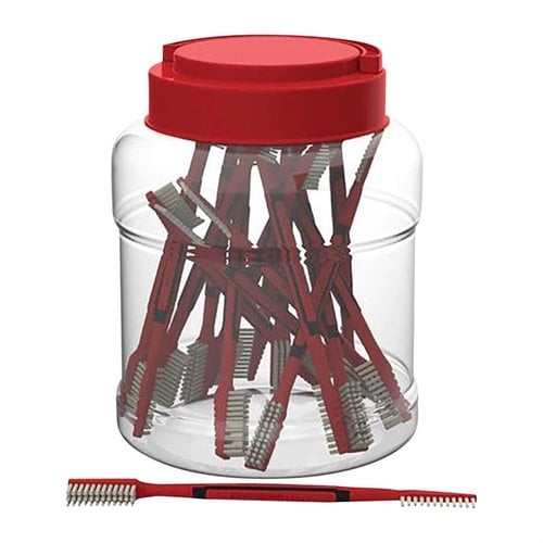 The Birchwood Casey Dual End Nylon Cleaning Brushes come in a 25-piece tub, featuring ergonomic handles, safe for delicate blueing and engraving, and easy storage.