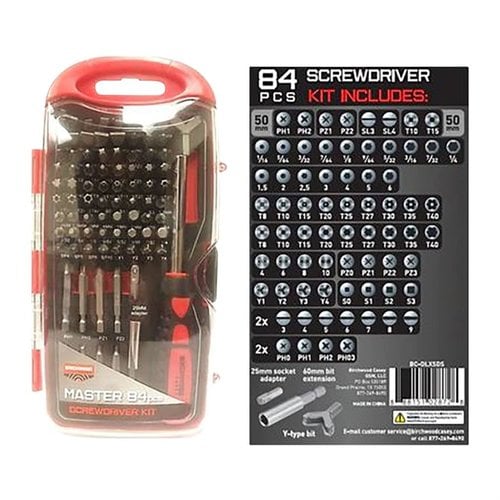The Birchwood Casey 84PC Master Screwdriver Set offers a comprehensive range of bits including Slotted, Philips, Torx, and more, all housed in a durable case.