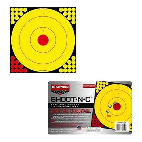 The Birchwood Casey Long Range Shoot-N-C Bullseye Target 5 Pack features adhesive backing for easy application, with visible black splatter for precision shooting.