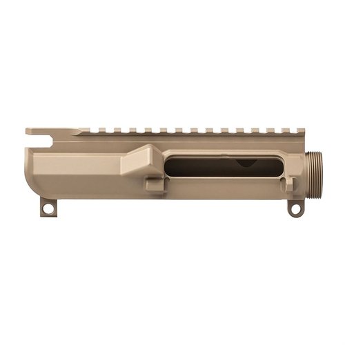 The AERO Precision M4E1 Stripped Upper offers a sleek, no forward assist design, precision machined from 7075-T6 aluminum, compatible with mil-spec AR15 components.
