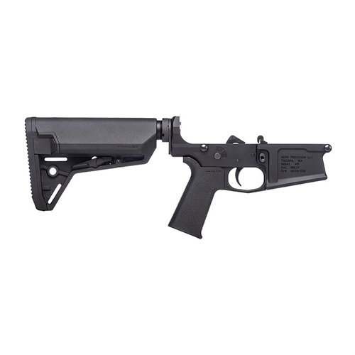 The M5 Complete Lower Receiver offers a robust base for .308 builds, featuring a MOE SL Grip, PRS Stock, and enhanced 7075-T6 Aluminum construction.