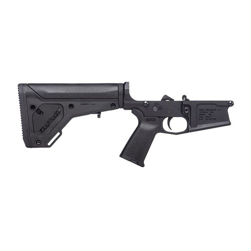 The M5 Complete Lower Receiver features a MOE® Grip, UBR® Gen2 Stock, and enhanced 7075-T6 Aluminum design, perfect for custom AR .308 builds.