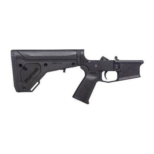 The M4E1 Complete Lower Receiver features a custom design, MOE® Grip, UBR® Gen2 Stock, and is crafted from durable 7075-T6 Aluminum for your AR15 build.